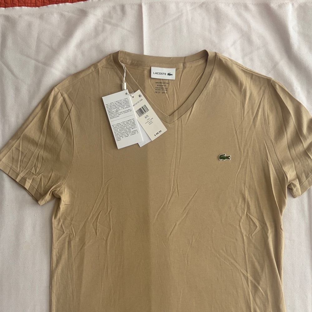 Lacoste Men's V-Neck Tee in Tan with Green Crocodile Logo